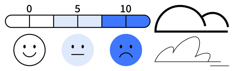 happy face and blue sad face alongside a gradient progress bar 0 to 10, minimal cloud outlines. Ideal for emotion tracking, feedback, survey, mental wellness, evaluation, progress tracking, simple
