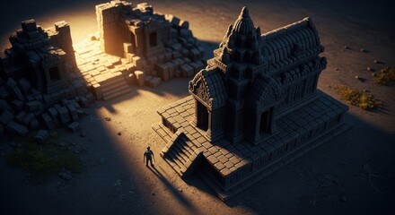 Ancient Temple Model in Desert Landscape with Miniature Human Figure and Ruins in Sunset Lighting