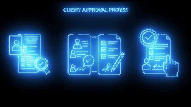 Client approval process with neon glowing digital workflow chart and connected interface icons - Powered by Adobe