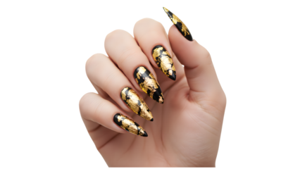 Womans hand with long stiletto nails black and gold foil design isolated on white background