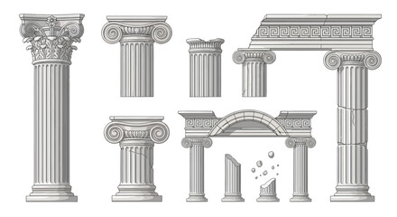Naklejka premium Ancient architectural elements illustrations set, featuring ionic and Corinthian columns, vector art