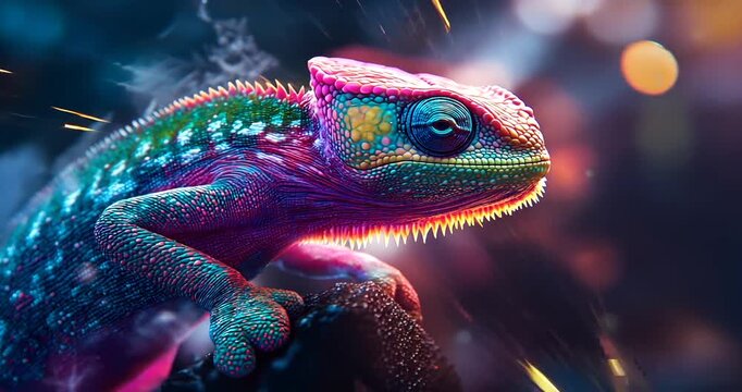 Colorful lizard perched on a rock, surrounded by a vibrant, glowing background of sparks