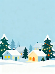 Fototapeta premium Charming Snowy Village Scene with Twinkling Lights and Evergreen Trees