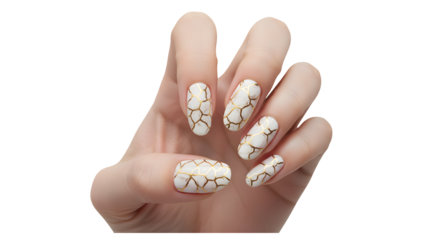 Elegant nail art design white and gold pattern on oval nails isolated on white background for beauty and fashion conce