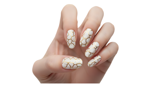 Elegant nail art design white and gold pattern on oval nails isolated on white background for beauty and fashion conce