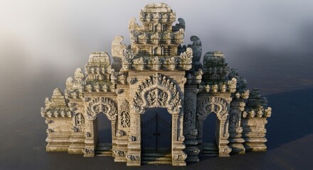 Ancient Stone Temple Entrance on Water Surrounded by Mist Mystical Architectural Structure