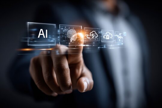 Artificial Intelligence Technology Concept: Man Interacting with AI Interface, Representing Data Analysis and Cloud Computing