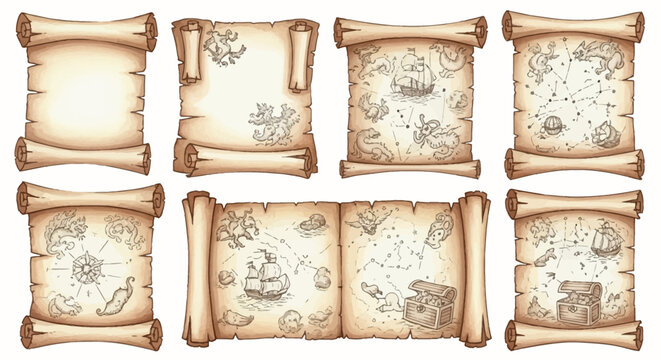 Collection of aged parchment scrolls showcasing intricate treasure maps, detailed with ships, islands, and ancient symbols, ideal for historical adventure designs