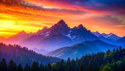 Dramatic sunset illuminates a scenic mountain range