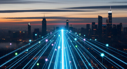 Dynamic digital network streams connect a vibrant city skyline at dusk, symbolizing future technology and global connectivity for innovative business growth.