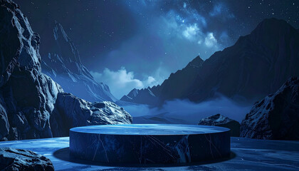 3d white blue pedestal or podium stand on clean background with ocean image modern minimal display
2