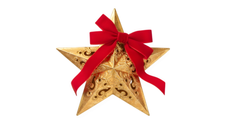 Golden star ornament with red ribbon bow festive holiday decoration isolated on transparent background