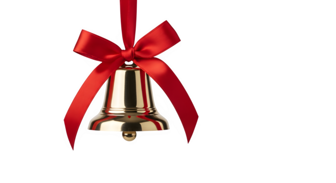 Shiny golden christmas bell with a red ribbon bow isolated on transparent background
