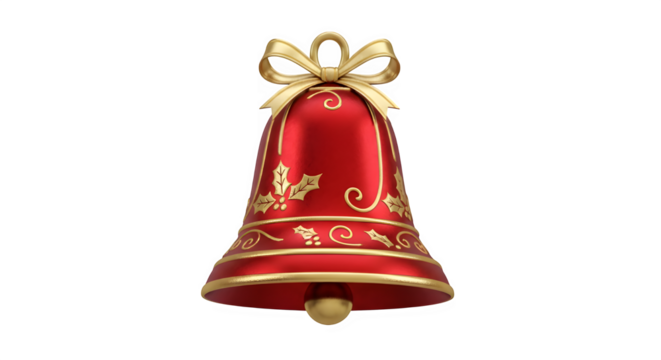 Shiny red christmas bell with golden ribbon and holly accents isolated on transparent background - Powered by Adobe