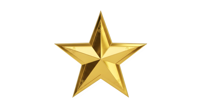 A single gleaming golden five pointed star with sharp edges isolated on transparent background