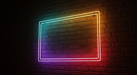 Neon sign with a rectangular shape, glowing against a dark brick wall background.