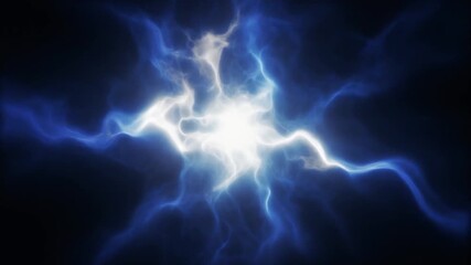 Abstract glowing blue and white plasma energy burst with electric lightning bolts radiating from a bright central core on a dark background - Powered by Adobe