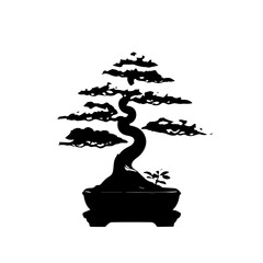 Stylized Black Silhouette of a Traditional Japanese Bonsai Tree with Winding Trunk
