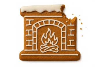 Gingerbread fireplace cookie featuring white icing details, a bitten upper corner, and crumbs, on a transparent background