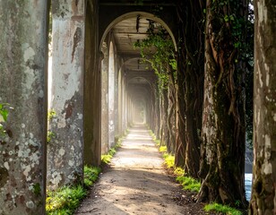 Obraz premium Sunlit path through a weathered colonnade overgrown with vines