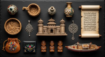 Collection of Traditional Asian Cultural Artifacts and Miniatures Displayed on Black Surface