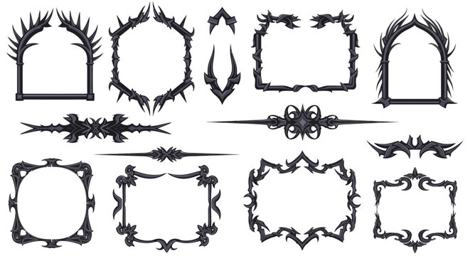 Ornate collection of dark gothic frames, spiky borders, and fantasy filigree dividers for decorative design
