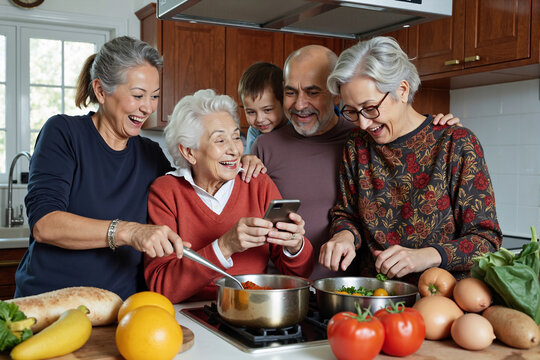 Happy multi-generational family cooking a meal, sharing a recipe, and using a smartphone together in a modern kitchen
