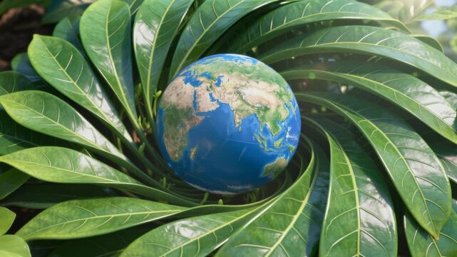 rotating earth globe surrounded by growing green leaves