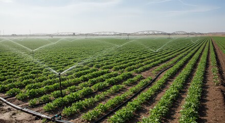 Irrigation system in a lush green agricultural field under a clear blue sky