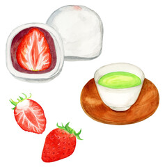 手描き水彩 いちご大福と煎茶とイチゴ / Hand-painted Watercolor Strawberry Daifuku, Green Tea, and Strawberry