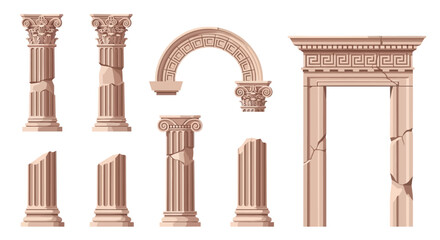 Fototapeta premium Collection of ancient architectural elements with Roman and Greek columns, an arch, and a doorway. Vector set of antique ruins