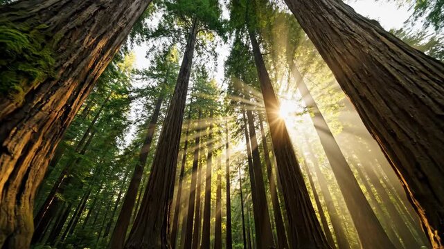 Sunlight streams through giant redwood trees in the forest