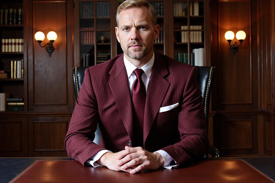 Serious and powerful businessman in a maroon suit sitting at an executive desk in a classic, wood-paneled library office, looking intently at the camera - Powered by Adobe