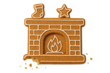 Gingerbread fireplace cookie with a stocking and star, having a bite taken out, for christmas holiday food and dessert concepts