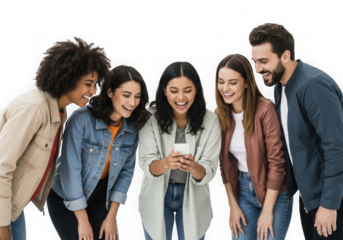 Diverse group of young adults gathered around a smartphone looking at content together isolated on transparent background
