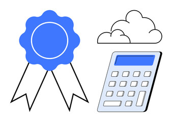 Blue achievement ribbon, calculator, and cloud design emphasize success, technology, and analysis. Ideal for education, finance, cloud computing, data achievement productivity and innovation