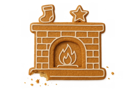 Gingerbread fireplace cookie with a stocking and star, having a bite taken out, for christmas holiday food and dessert concepts
