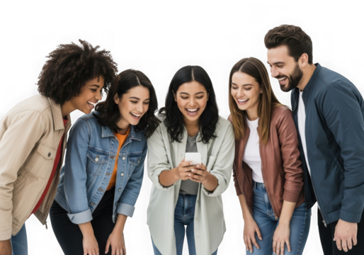Diverse group of young adults gathered around a smartphone looking at content together isolated on transparent background