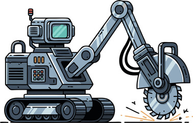Advanced Robotic Excavator with Circular Saw Attachment for Demolition.