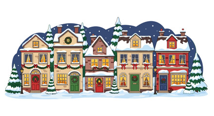Naklejka premium Charming Snowy Village Scene with Festive Christmas Decorations and Evergreen Trees