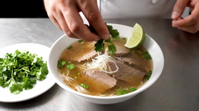 Chef garnishes delicious Vietnamese pho soup with fresh cilantro and lime