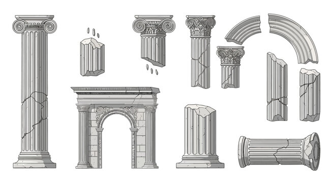 Fragmented architectural elements of classical antiquity columns and arches