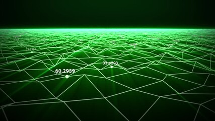 Green digital landscape with bright glowing grid and floating numeric data points and coordinates. Abstract animation of plexus waves field with soft shiny light on a dark background. 4K 30fps - Powered by Adobe