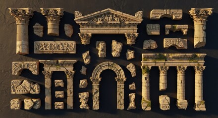 Ancient Architectural Fragments and Columns in Vintage Style with Stone Ruins on Dark Background