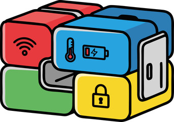 Colorful Cube with Technology and IoT Icons Representing Smart Devices and Connectivity.