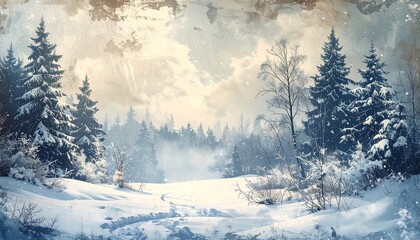 Winter forest scene with snow-covered trees