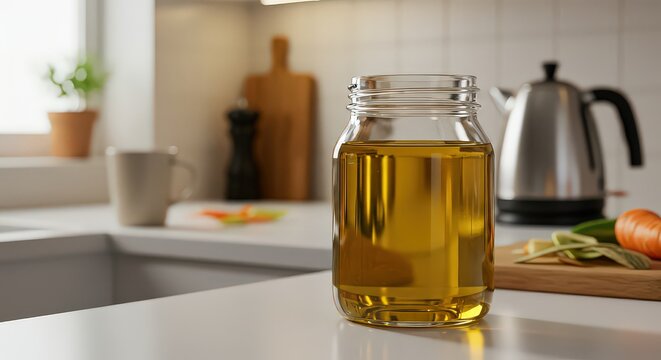 Jar of cooking oil on a countertop in a modern kitchen interior - Powered by Adobe