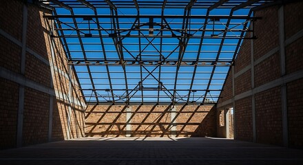 Empty square room with Structure of steel roof frame for building construction isolated on blue sky background.