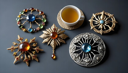 A collection of ornate vintage brooches  brewing and pins with colorful gemstones, arranged artfully around a cup of tea on a dark surface