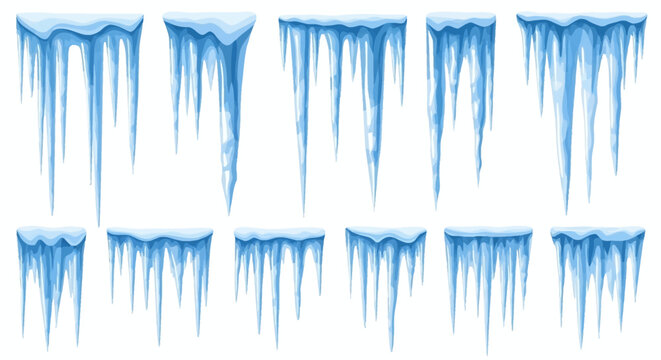 Collection of cartoon icicles, a set of frozen water formations. Perfect for winter-themed designs, chilly decorations, and seasonal frost elements